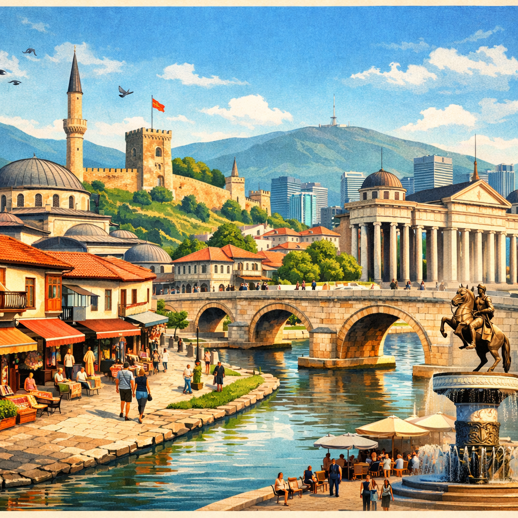Ilustracija dana u Skoplju sa bazarom, tvrđavom i Vardarskim mostom